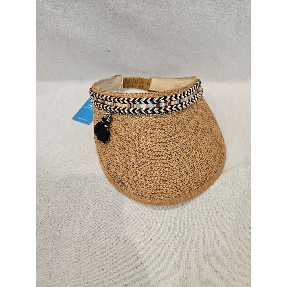NWT Cupshe Tan Straw Visor with Black Tassel and Multicolor Braid
